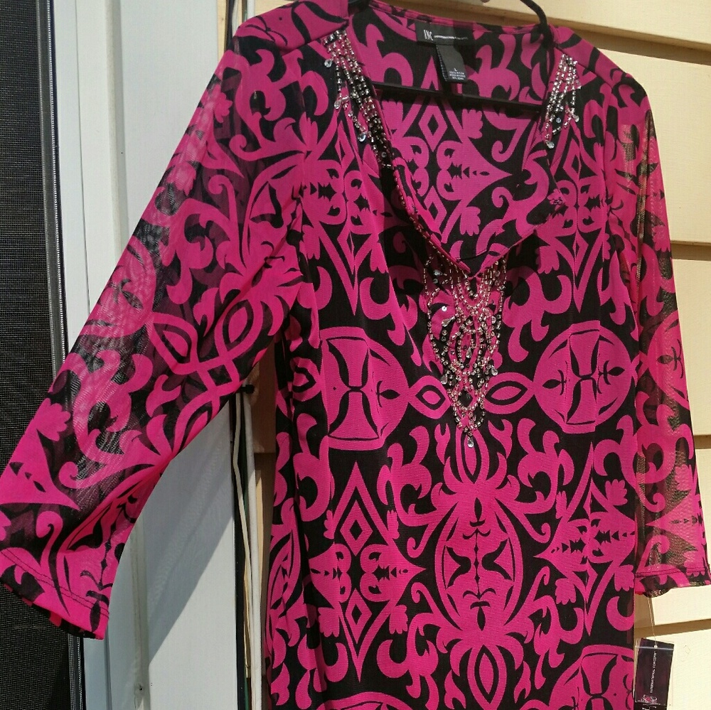 Women's INC Fushia/Black Quarter Sleeve Top - Picture 2 of 6